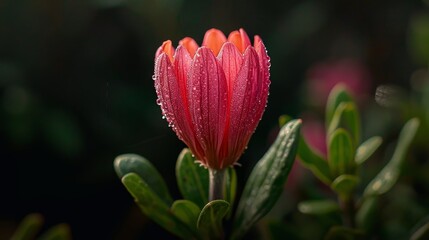 Fototapeta premium A single red flower with dew drops on it. The flower is the main focus of the image, and it is a beautiful and delicate flower. The dew drops on the petals add a sense of freshness