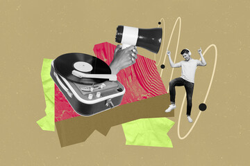 Creative collage picture young dancing man rhythm headphones stereo player gramophone vintage vinyl...