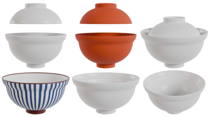 リアルな丼と茶碗の3Dレンダリングイラストセット（白背景・切り抜き）