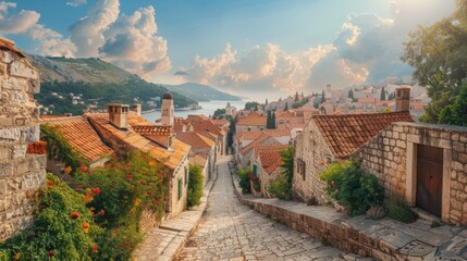 A small town with houses and a river. The houses are made of stone and have red roofs. The street is lined with trees and flowers - obrazy, fototapety, plakaty