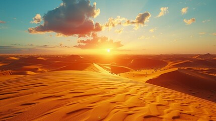 A desert landscape with a bright orange sun in the sky. The sun is setting, casting a warm glow over the sand dunes. The scene is peaceful and serene