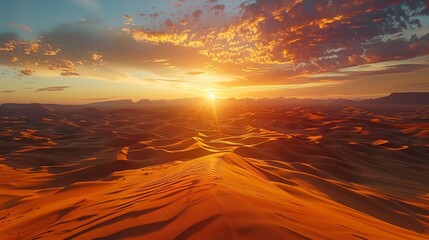 A desert landscape with a sun setting in the background. The sky is filled with clouds, and the sun is shining brightly. The scene is peaceful and serene
