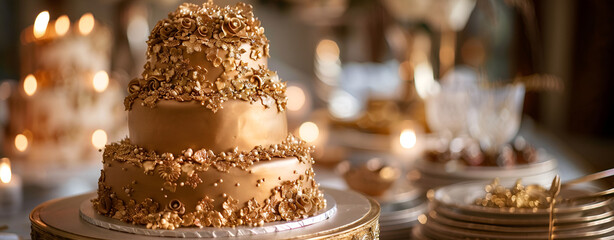 The elegant wedding cake illuminated by candlelight exudes luxury and romance Delicate Pastel cake.