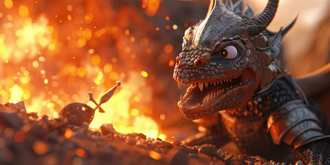 Fiery Cartoon Dragon Sitting on Ground with Sword in Mouth and Flames Coming Out Fantasy Creature Illustration