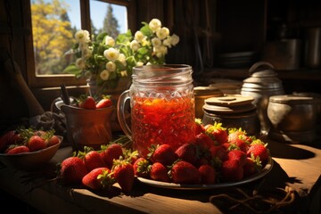 Strawberry juice on a sunny farm with fresh fruit baskets., generative IA