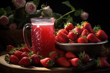 Strawberry juice on a sunny farm with fresh fruit baskets., generative IA