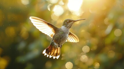 Fototapeta premium A hummingbird is flying in the air with its wings spread wide. The bird is surrounded by a blurry background, which gives the image a sense of motion and energy