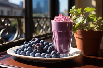 Blueberry juice on a sunny balcony with wicker chairs., generative IA