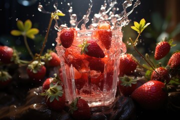 Strawberry juice in a garden with dancing butterflies., generative IA