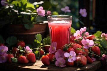 Strawberry juice in a vegetable garden with colorful flowers and a serene atmosphere., generative IA