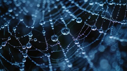 A spider web with many small drops of water on it. The drops are scattered all over the web, creating a beautiful and serene atmosphere