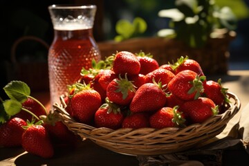 Strawberry juice in a vegetable garden with fresh fruit baskets under the blue sky., generative IA