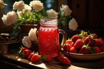 Strawberry juice in a vegetable garden with fresh fruit baskets under the sun., generative IA