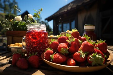 Strawberry juice in a vegetable garden with fresh fruit baskets under the sun., generative IA