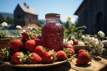 Strawberry juice in a vegetable garden with fresh fruit baskets., generative IA