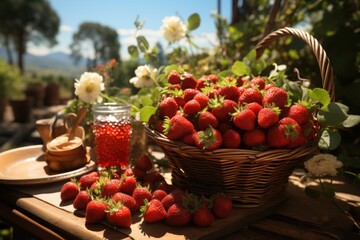 Strawberry juice in a vegetable garden with fresh fruit baskets., generative IA