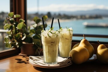 Pear juice in a panoramic restaurant for a green and serene field., generative IA