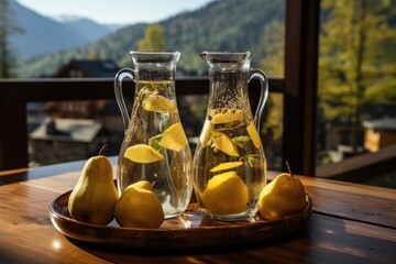 Pear juice in a restaurant with panoramic windows and mountain views., generative IA