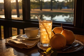 Pear juice in a restaurant overlooking a golf course., generative IA