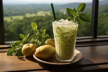 Pear juice in a restaurant overlooking a green field., generative IA