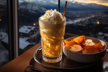 Pear juice in a restaurant overlooking a snow -covered mountain., generative IA