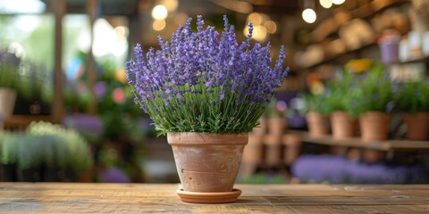 Fragrant lavender plant in a red clay pot in a store. Generative AI