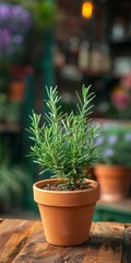Fresh fragrant rosemary in a flower shop. Thawing in a clay pot. Generative AI