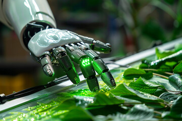 A detailed closeup of a robotic hand crafting an intricate piece of green technology symbolizing innovation and sustainability