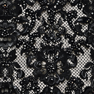 Black Lace seamless pattern with beads and floral textile texture ornament. Vintage style elegant background in dark colors for wallpaper, fabric, and other classic product design.