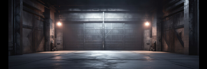Spacious Industrial Warehouse with Large Metal Doors - obrazy, fototapety, plakaty