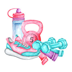 Pink fitness watercolor illustration. Sports and fitness. Gym. Sneakers, weights, dumbbells, fitness bands, sports bottle. Illustrations isolated. For printing on cards, stickers, posters