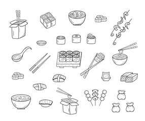 Asian food set doodle style. Vector illustration of Japanese Chinese Taiwanese cuisine menu for restaurants. - 789384914