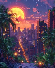 futuristic cityscape overrun by sentient plants and wild jungle growth, retro illustration with pop colors, classic illustration of a 50s era, vintage & pop background, wallpaper, poster design,