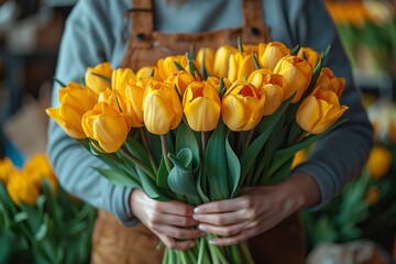 A florist holding a big bouquet of yellow tulips