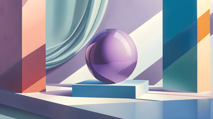  Purple sphere resting on a blue cube, abstract geometric forms. Background for product presentation