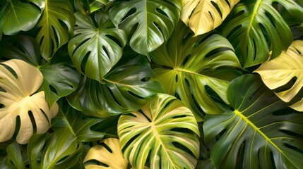 A dense cluster of vibrant green monstera leaves with distinctive splits and holes, creating a lush, tropical background texture. - obrazy, fototapety, plakaty