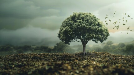 A solitary tree stands amidst a serene landscape, leaves blowing in the wind under a dramatic, cloudy sky. - obrazy, fototapety, plakaty