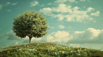 Obraz premium A solitary tree stands on a gentle hill dotted with yellow flowers under a hazy, cloud-streaked sky.