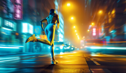Athletic young woman in workout clothing and headphones running along empty urban street with neon...
