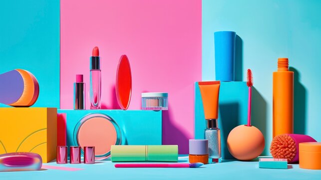 A colorful array of cosmetic products displayed against a vibrant pink and blue background, showcasing variety in makeup and skincare.