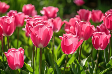 Blooming pink tulips in a field with green leaves on the ground on a sunny spring day