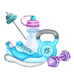 Blue fitness watercolor illustration. Sports and fitness. Gym. Sneakers, weights, dumbbells, barbell, sports bottle. Illustrations isolated. For printing on cards, stickers, posters, subscriptions