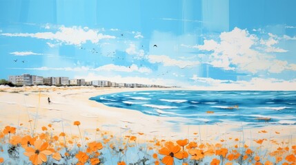 Watercolor illustration of colorful summer houses on the sandy ocean shore. Modern coastal summer art by the sea in vibrant blues and oranges