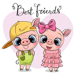 Cartoon piglets boy and girl in clothing