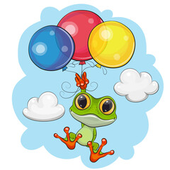 Сartoon frog flies on balloons
