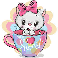 Cartoon white kitten with a bow is sitting in a Cup