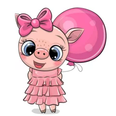 Afwasbaar Fotobehang Kinderkamer Cute Pig in pink dress with balloon