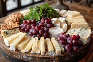 An assortment of gourmet cheeses and ripe grapes, arranged on a rustic wooden board, perfect for entertaining.. - obrazy, fototapety, plakaty