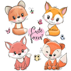 Set of four adorable cartoon foxes
