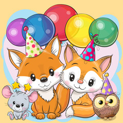 Cute Foxes, owl and mouse with balloon and bonnets